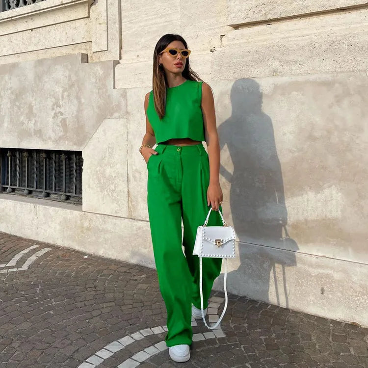 2024 Summer Women Solid Color Sleeveless Vest Top Wide Leg Pants 2 Piece Set Women Two Piece Outfits Suits