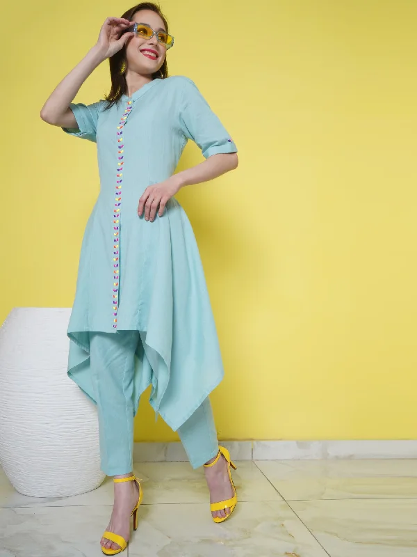 Light Blue Cotton Flex Assymetrical Kurta with beeds work and pants-WRKS102