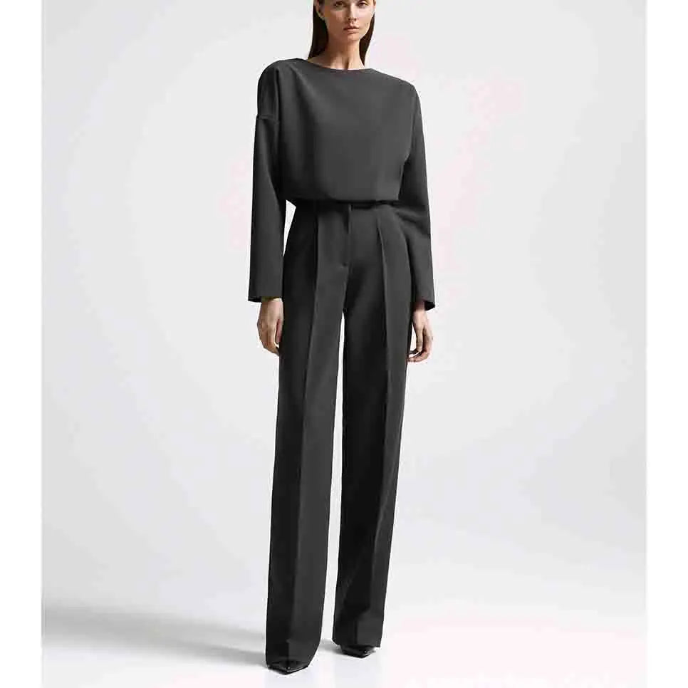 RedPeony Women 2024 Fashion Solid Suits Autumn Casual Trousers O Neck Top Two Piece Set Black Office Lady High Waist Pants Sets