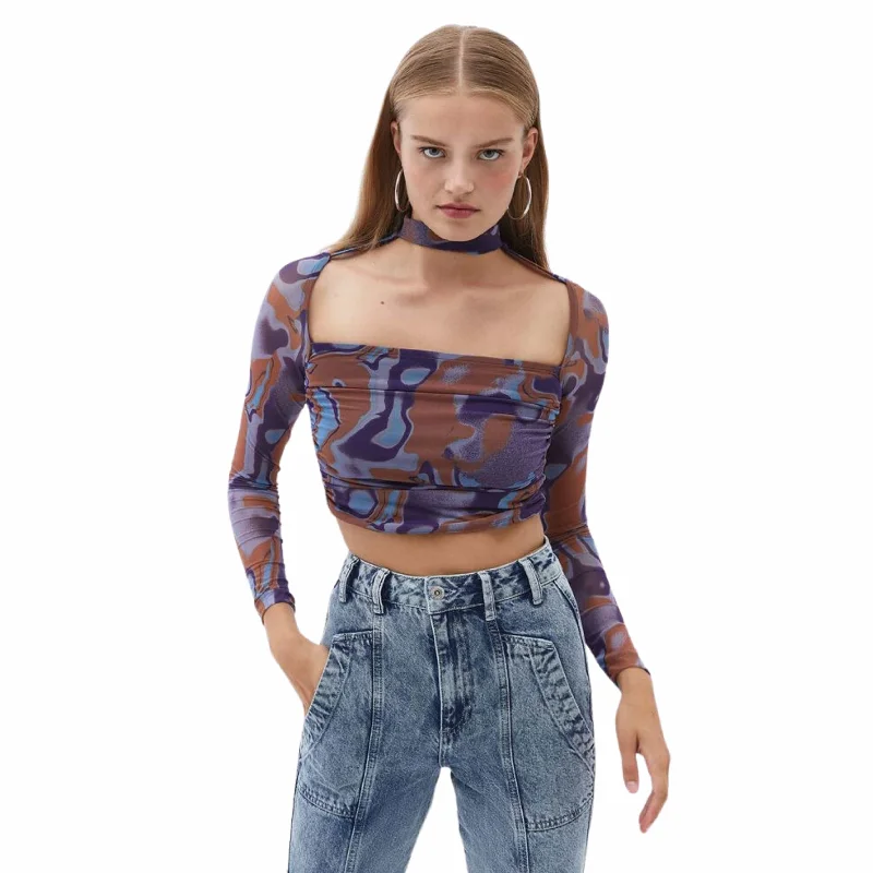 CroptophemOXXO - Mixed Tulle Crop Blouse