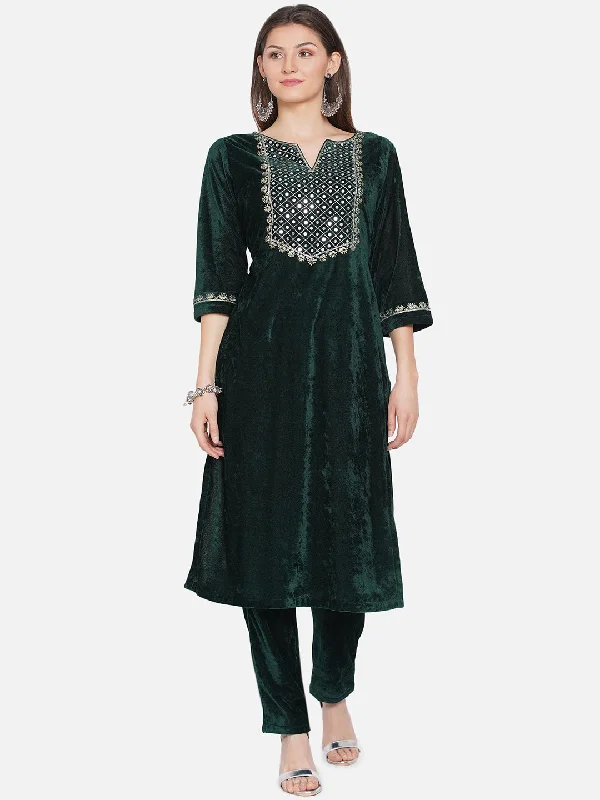 Green Velvet Embroidered Kurta with Pant- WRKS068