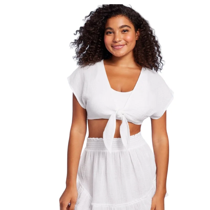 CroptopoutfitWILD FABLE - Tie-Front Cover up Short Sleeve Crop Top