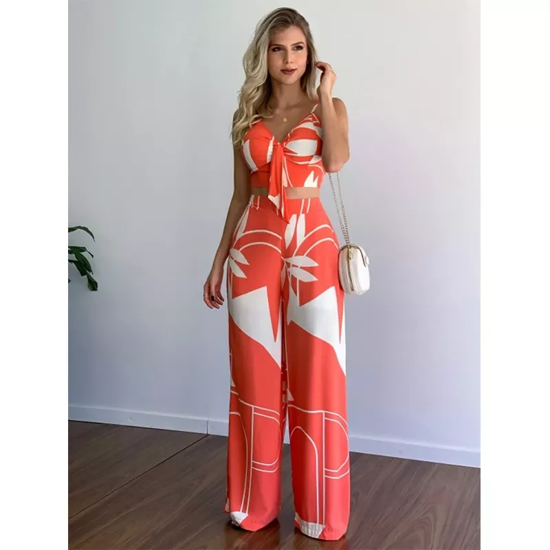 2022 Women Two Piece Sets Outfits Bohemian Style Beach Suits 2 Piece Set Sleeveless Crop Top and Pant Set for Women