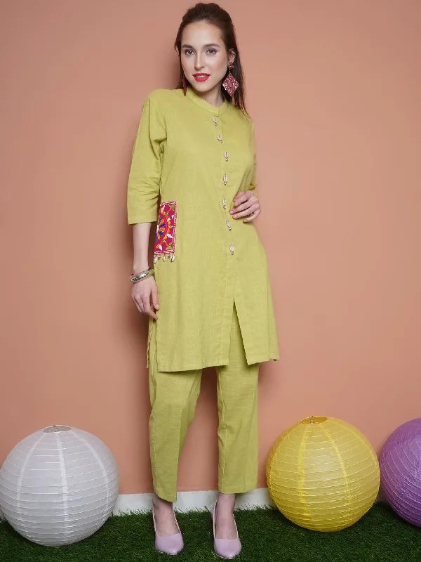 Green Cotton Slub Embroiderd Pockets Kurta with Pants-WRKS103