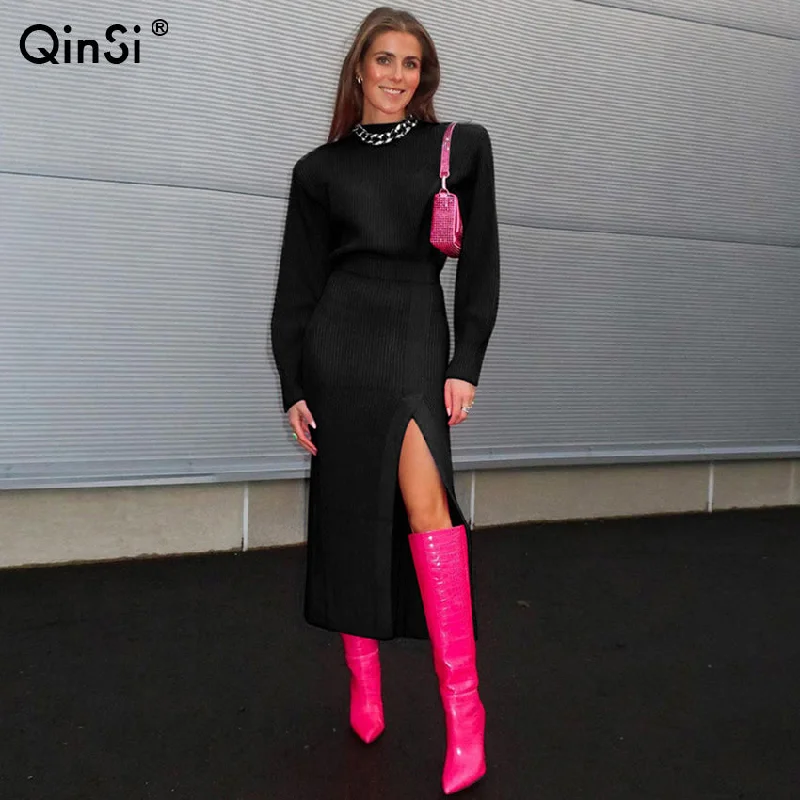 Bclout/QINSI Dress Two Piece Set 2022 Autumn Winter Y2K O Neck Sweater Tops And Wrap Skirt Knitted Casual Sweater Cardigans Set