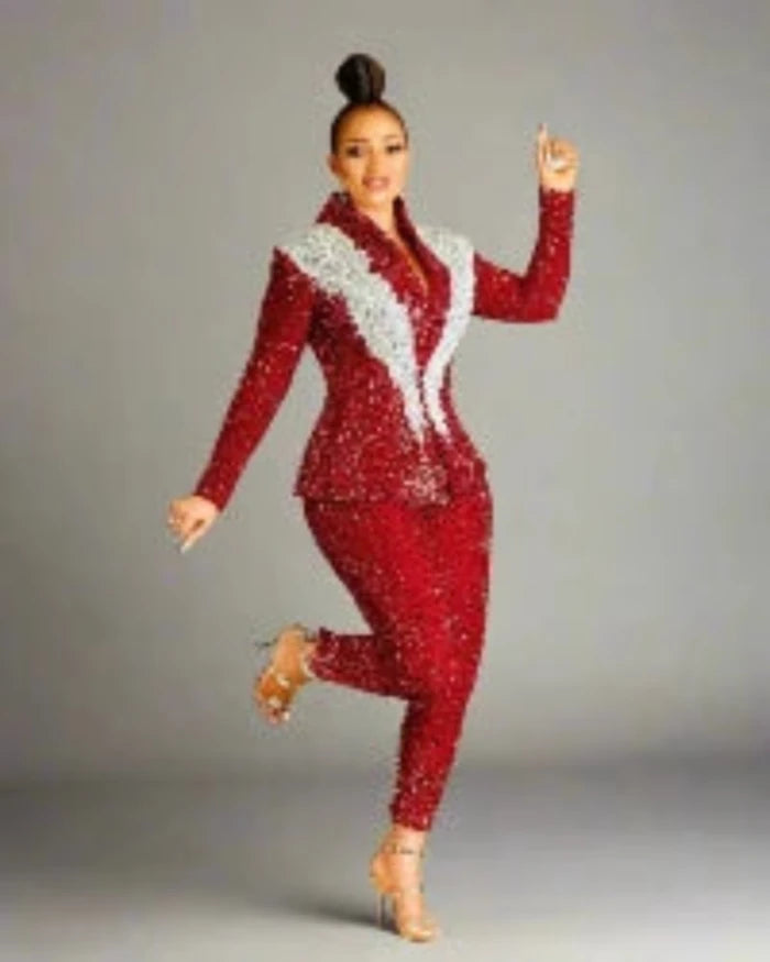 Red Sequins Silver Appliques Women Suits 2 Pieces One Button Blazer Pants Slim No Lapel Plus Size Tailored Mother Of The Bride