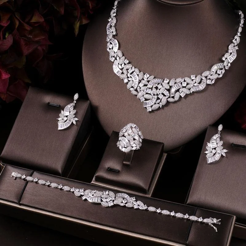 Elegant Bridal CZ Necklace Earrings Bracelet Ring Wedding Jewelry Set