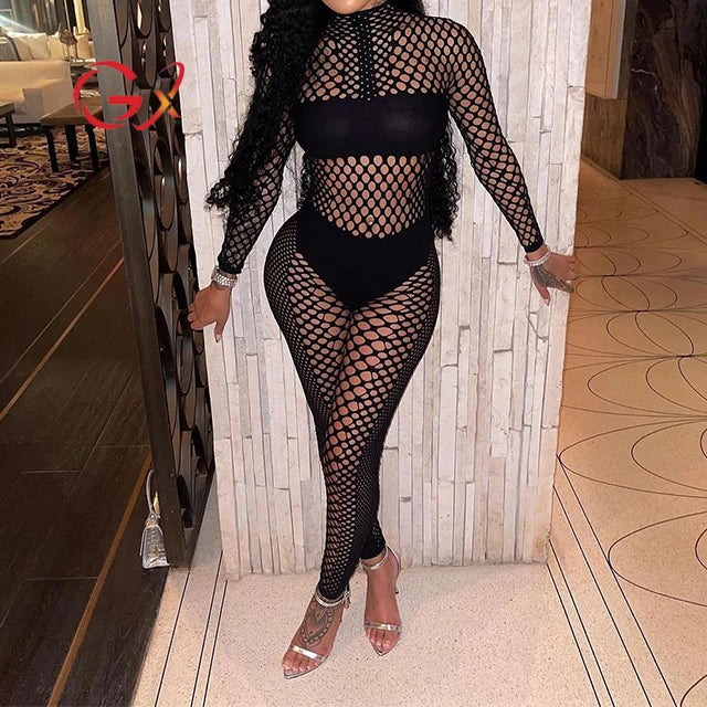 GX9834 Fashion 2024 Sexy Clothing Boutique Night Club Wear Women Outfit Long Sleeve See Through Mesh Top and Pant 2 Piece Sets