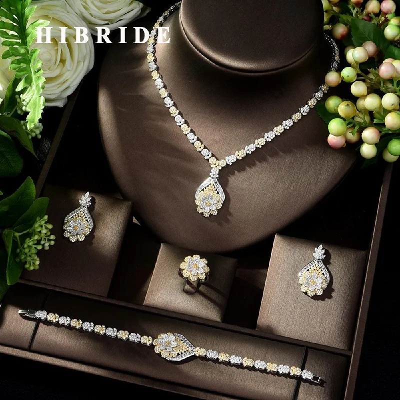 Gold Plated Luxury Cubic Zirconia Necklace Earring Bracelet Party Jewelry Set