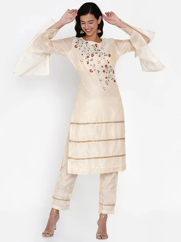 Cream Chanderi Embroidered Kurta with Pant- WRKS057