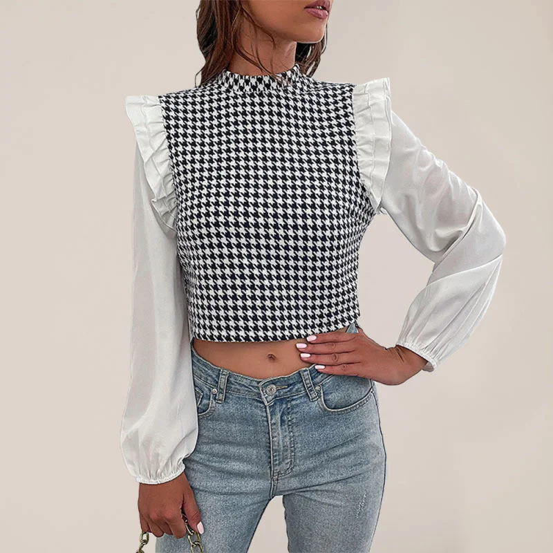 CroptopnostalgiaHoundstooth Frill Long Sleeve Crop Top - Blouse