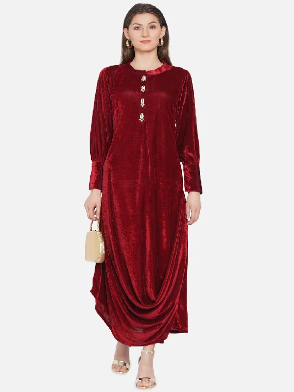 Maroon Velvet Cowl Kurta with Pants-WRKS067