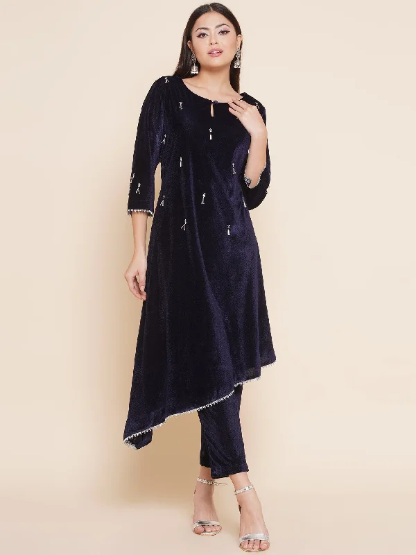 Navy Blue Hand Embellished Kurta Set-WRKS092