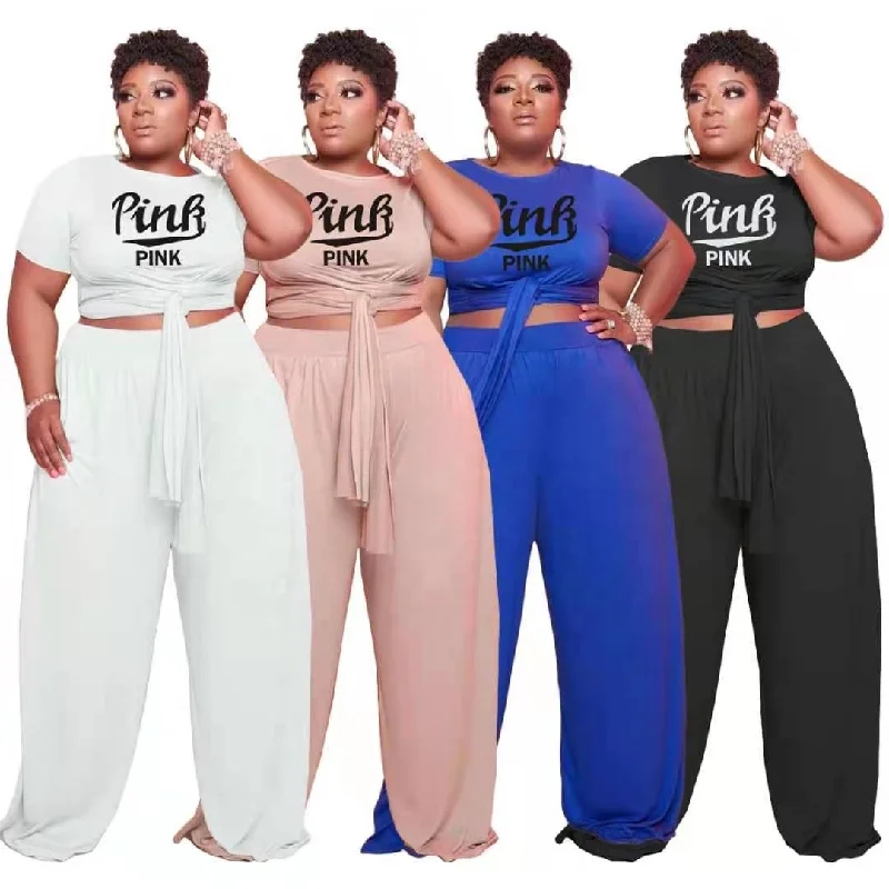 J&H fashion 5XL Ropa De Mujer short sleeve bandage tshirt and big wide leg pants set plus size women clothing