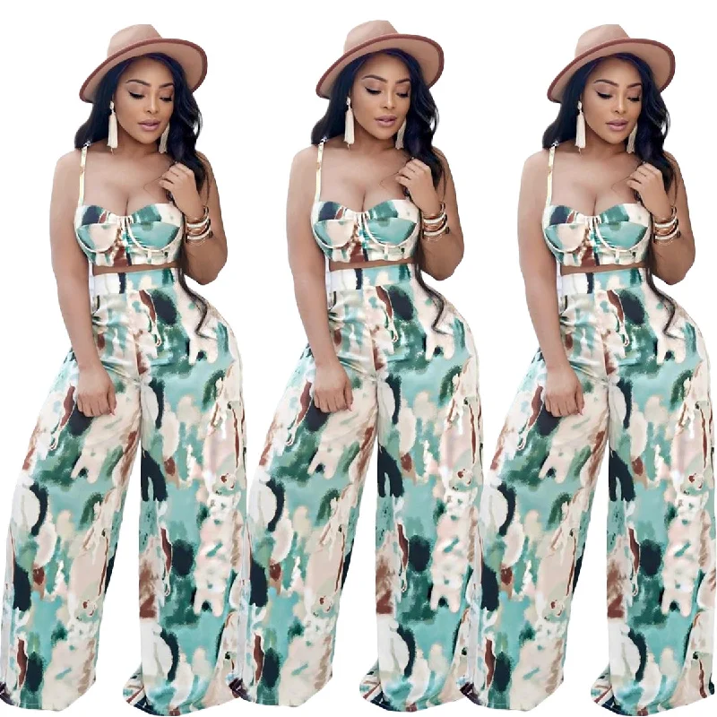 Two Piece Set Summer 2022 Printed V neck Wide Leg Pants Set Women High Waist Bandage Sexy Woman Clothing Sets