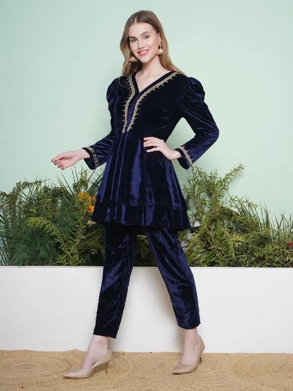 Navy Blue Hand Embellished Velvet Kurta Set-WRKS139