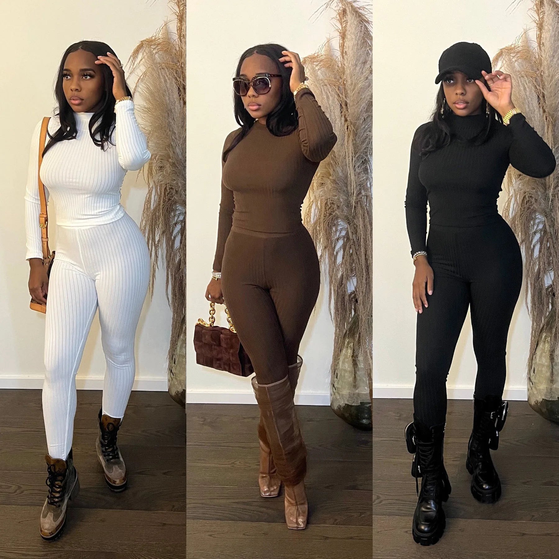 Women Fall Clothes Ribbed 2 Piece Set Casual Turtleneck Two Piece Pants Set Solid Winter Women Clothing