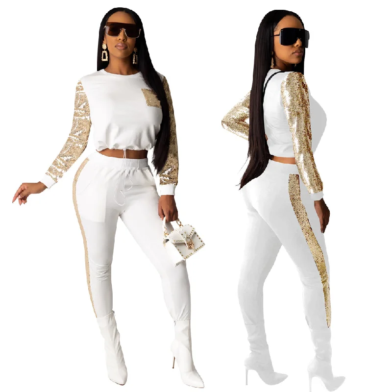 Fall Sets 2022 Trendy Solid Color Sequin Stitching Round Neck Long Sleeve Two Piece Pant Set