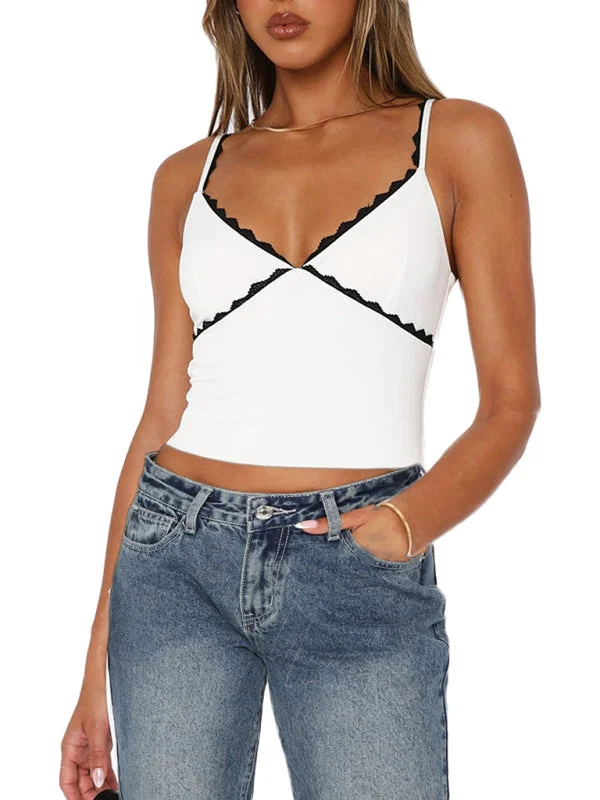 CroptopwoolSolid Contrast Lace-Trimmed Cami Crop Top