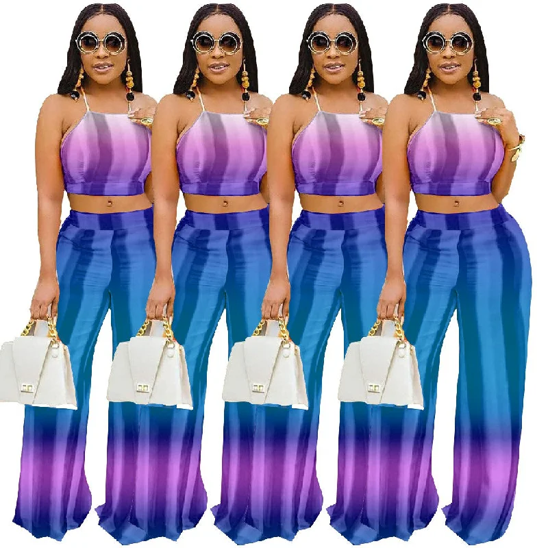 2022 New Fashion Printed Halter Backless Top Set Crop Tube Top 2 Piece Set High Waist Flare Pants Set