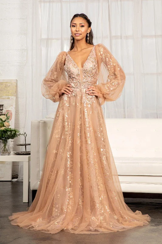 Long Sleeve Formal Glitter Evening Prom Dress