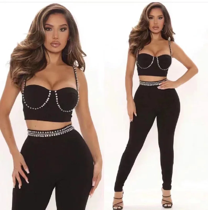 New Women's Clothing Set Slim Camis + Pants Trousers Sexy Crystal Diamonds Bandage Two Pieces Set 2021