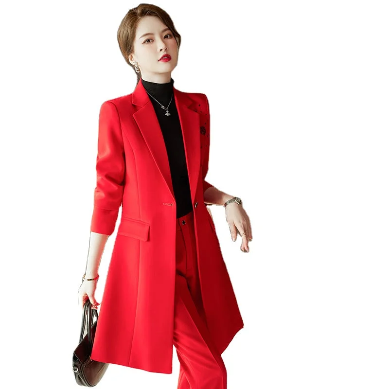 OEM Wholesale 2 Piece Set Single Button Blazer Office Lady Red Black Fashion Pant Suits Women Jacket And Trousers Coat Suit