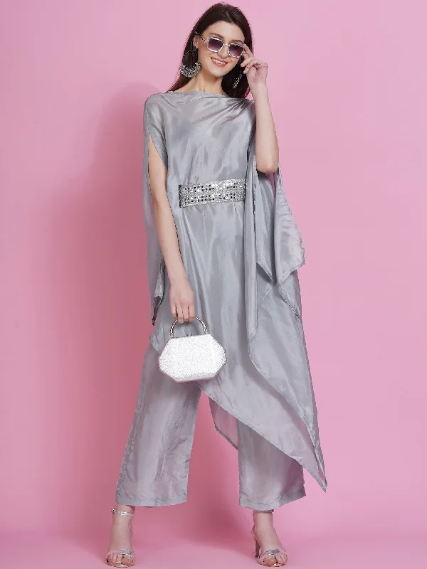 Grey Opara Silk Kurta with Belt and Pallazo-WRKS080