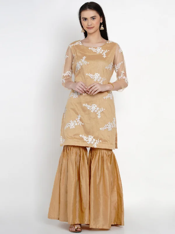 Golden Net Kurta With Sharara-WRKS014