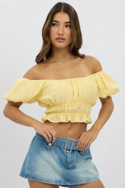 CroptopmobileYellow Ruffle Crop Top Puff Sleeve