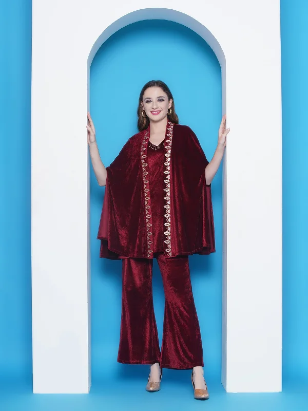 Maroon Embroidered Velvet 3 pcs Cape set-WRKS145