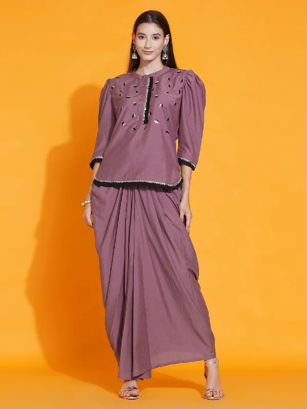 Mauve Hand Embellished kurta with Dhoti-WRKS086