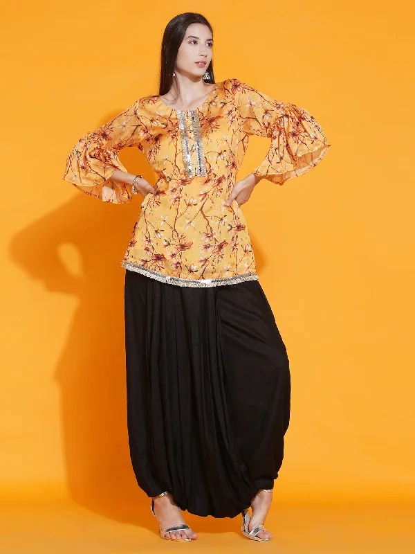 Yellow Printed Kurta with Dhoti-WRKS085