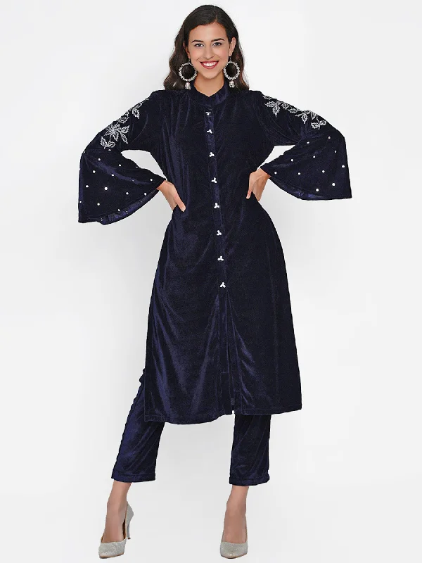 Navy Blue Velvet Embroidered Kurta-WRKS053