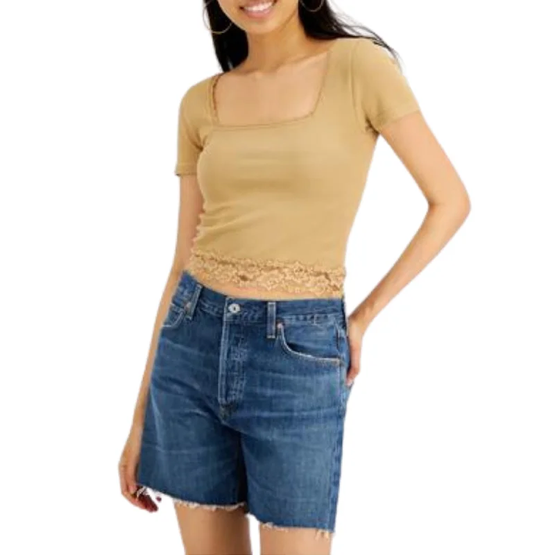 CroptopplatformPLANET GOLD - Ribbed Lace-Trim Cropped Top