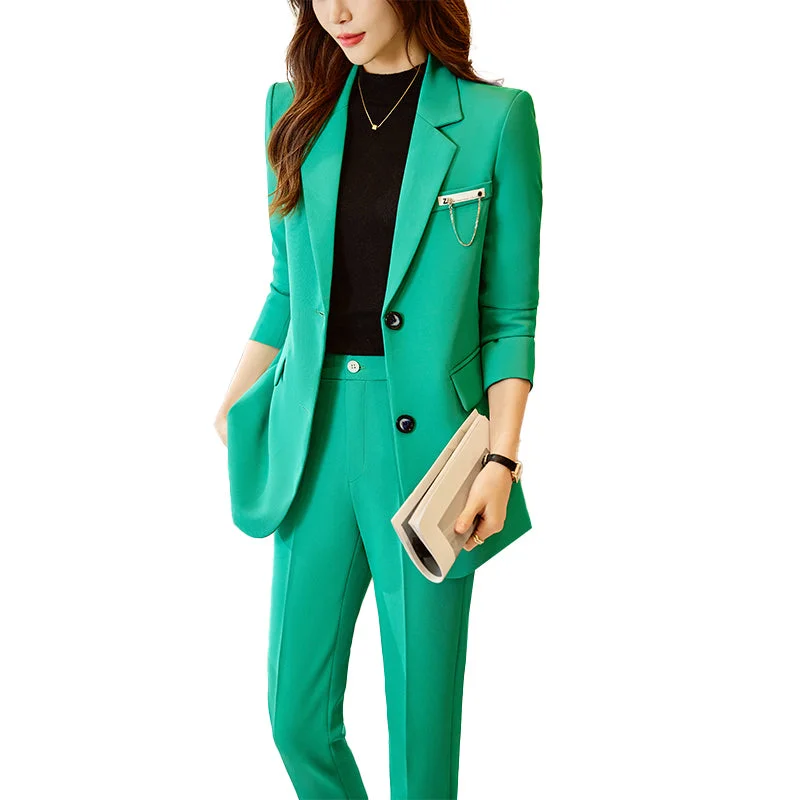 OEM Wholesale 2 Piece Solid Set for Women Business Office Lady Work Wear Two Button Clothes Blazer with Trousers