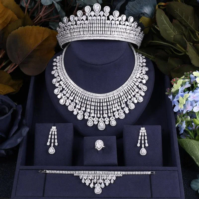 Luxury Cubic Zirconia Necklace Bracelet Earrings Tiara and Ring 4pcs Jewelry Set