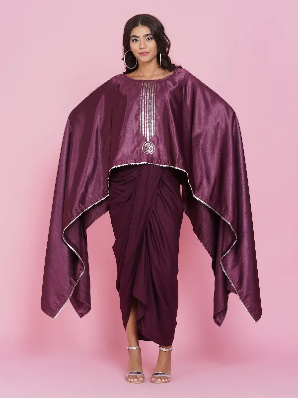 Wine Hand Embellished Kaftan with Dhoti Pants-WRK381