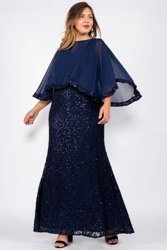 TightplanMarina Long Plus Size Lace Formal Cape Dress Navy