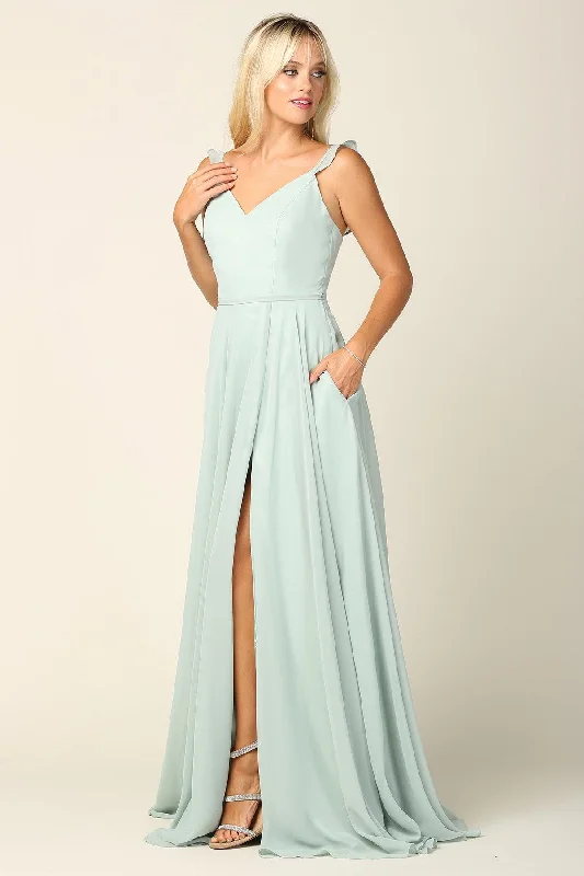 TightturnLong Bridesmaids Ruffle Sleeve Chiffon Gown