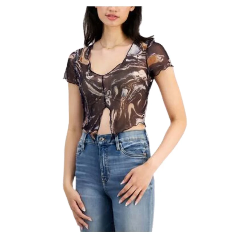 CroptopbrandJUST POLLY - Printed Mesh Notch-Front Cropped Top