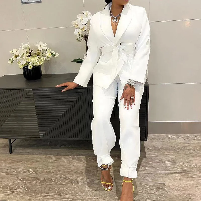 2022 Fall two 2 piece wide leg pant set office white casual women blazer and pants set belt elegant blazer suit set for ladies