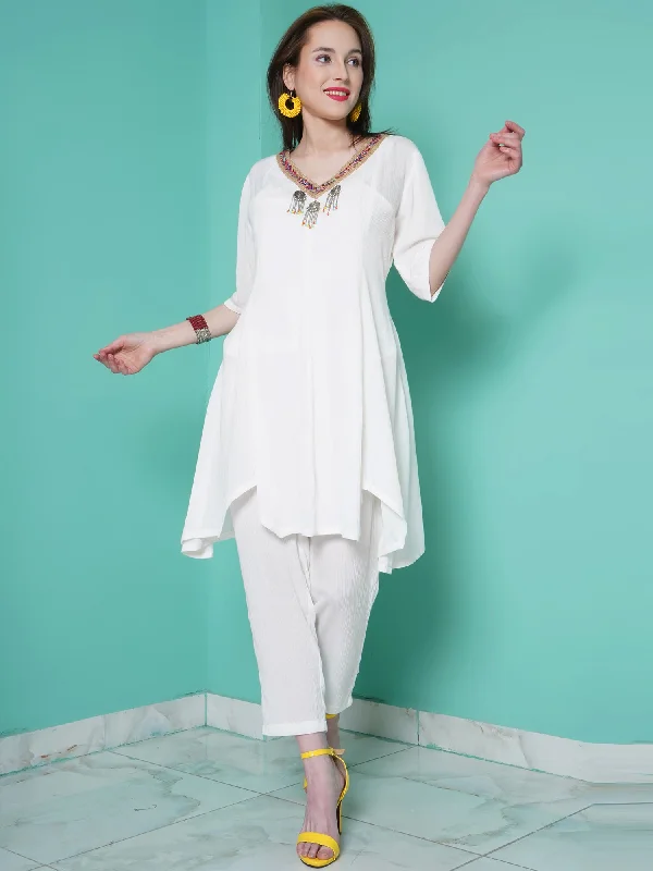 White Crinkled Rayon Crepe Kurta With Inner and Pants-WRKS106