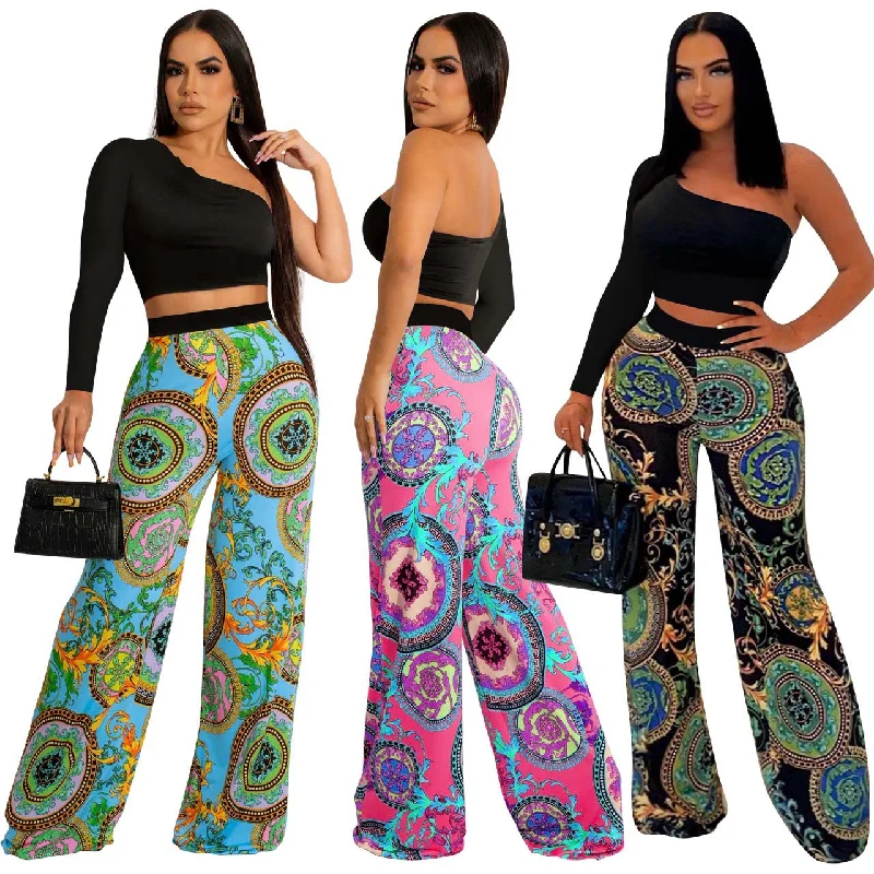 Casual Print Wide Leg Pants and Tops One Shoulder Long SleeveTwo Pieces Pants Set For Women