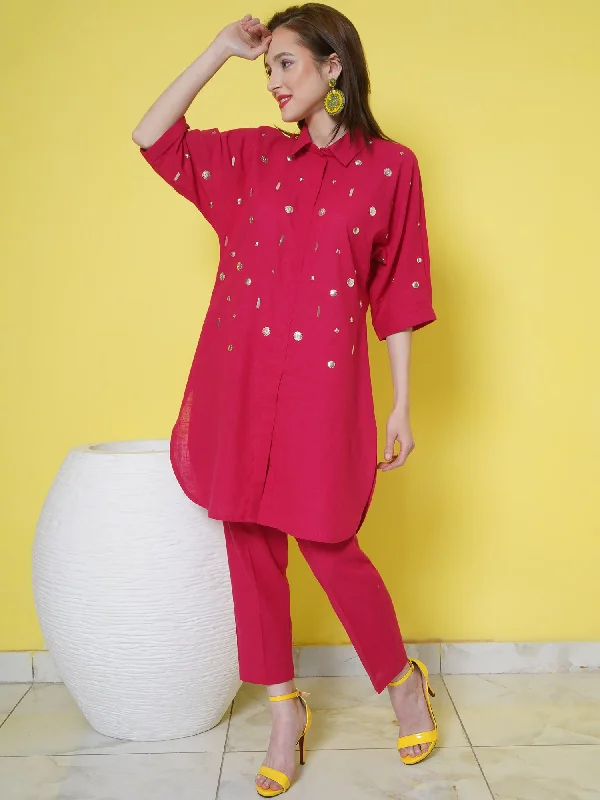 Pink Cotton Hand Embellished Kurta with Pants-WRKS108