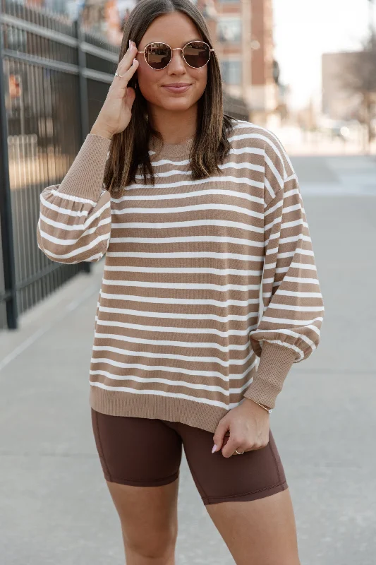 Colorblock Knit TopsREADY FOR ANYTHING STRIPE SWEATER IN TAUPE