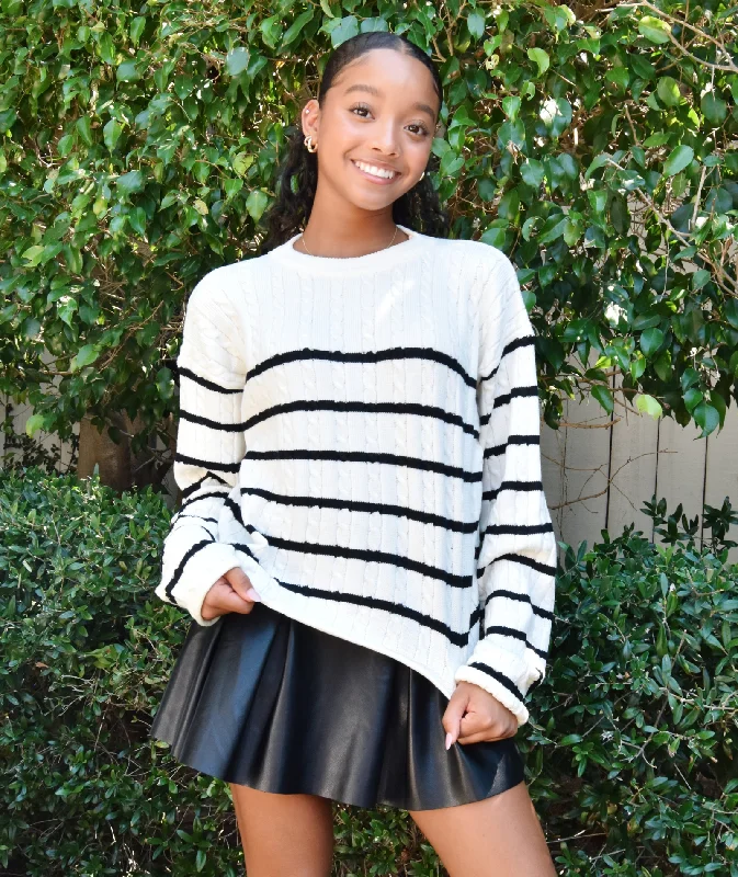 Acrylic Knit TopsFBZ Girls Cream Striped Cable Sweater