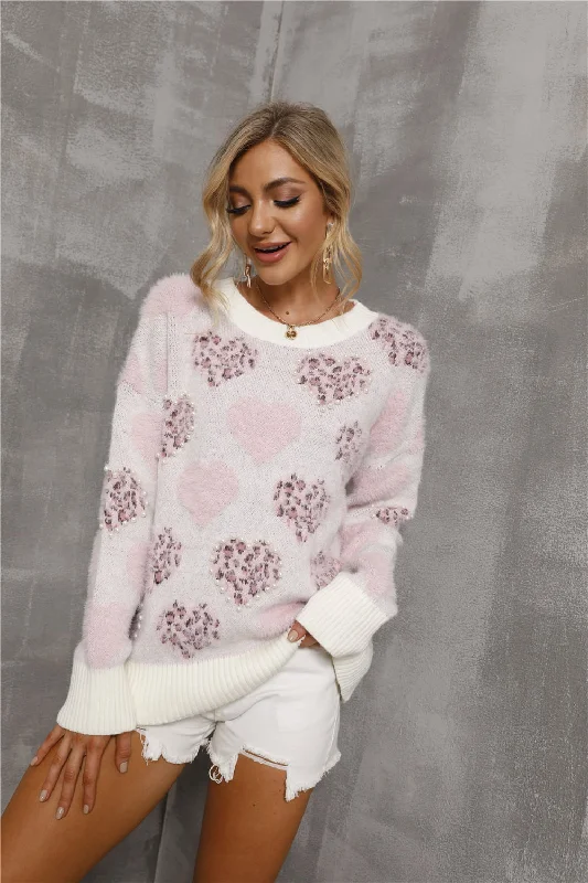 Hunting Knit TopsHeart Pattern Round Neck Long Sleeve Sweater