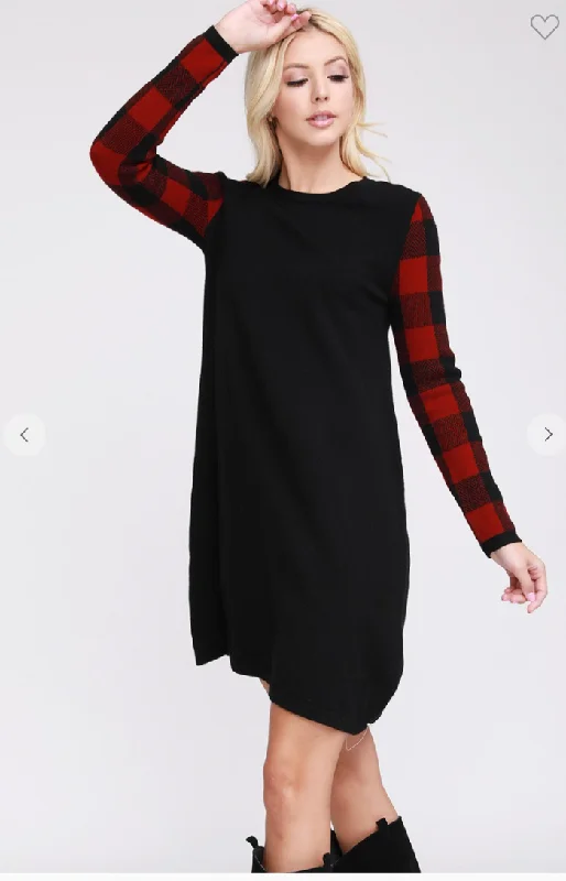 Hunting Knit TopsLong Sleeve Contrast Plaid Sweater Dress