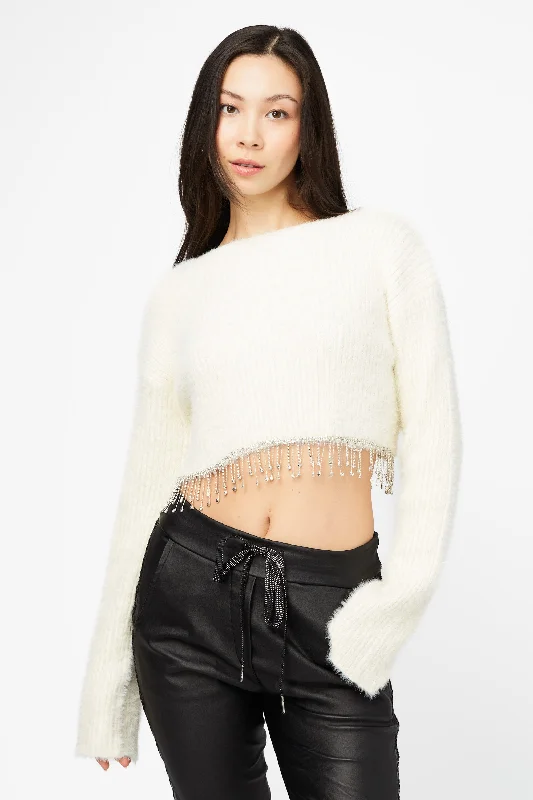 Graphic Knit TopsParis Fuzzy Rhinestone Fringe Sweater